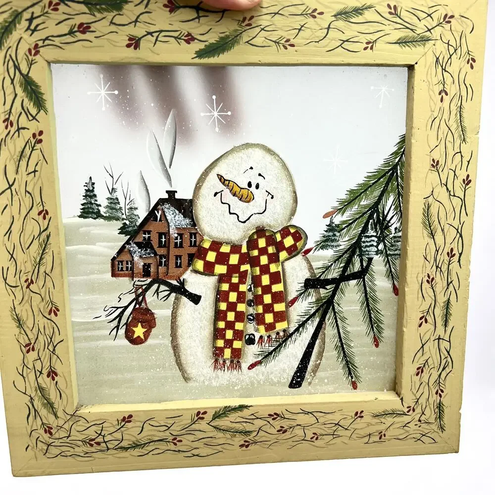 Vintage Country Snowman Painted Windowpane Art